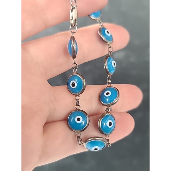 925 Sterling Silver Evil Eye Beaded Blue Glass Bracelet Vintage - Picture 4 of 10
